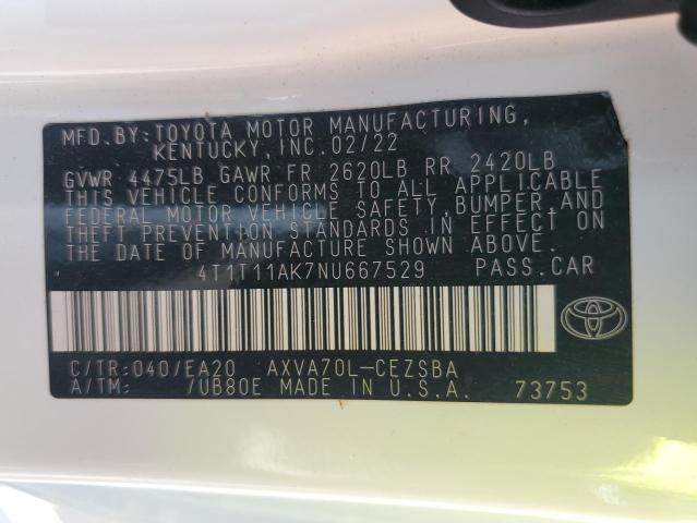 4T1T11AK7NU667529 - 2022 TOYOTA CAMRY SE WHITE photo 13