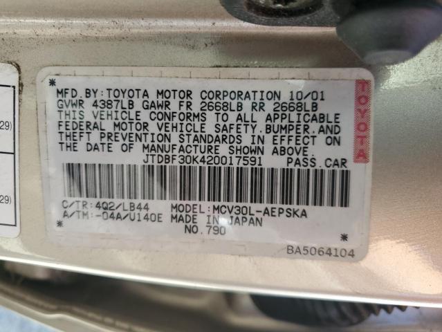 JTDBF30K420017591 - 2002 TOYOTA CAMRY LE 金色 照片 12