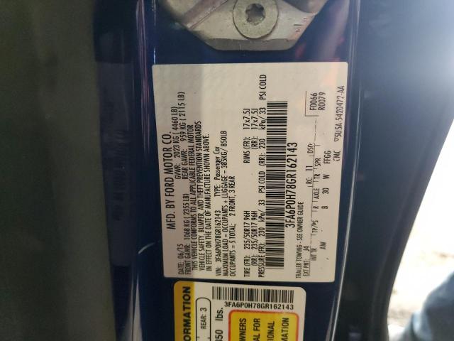 3FA6P0H78GR162143 - 2016 FORD FUSION SE BLUE photo 12