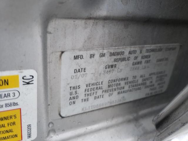 KL1TD56697B132836 - 2007 CHEVROLET AVEO BASE SILVER photo 10