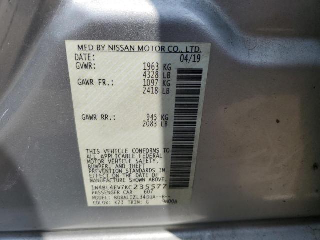 1N4BL4EV7KC235577 - 2019 NISSAN ALTIMA SL SILVER photo 12