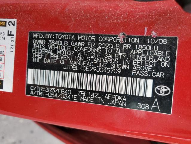 JTDBL40E29J045709 - 2009 TOYOTA COROLLA BASE RED photo 10