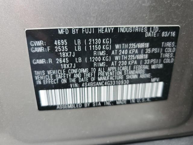 4S4BSANC4G3310930 - 2016 SUBARU OUTBACK 2.5I LIMITED SILVER photo 13