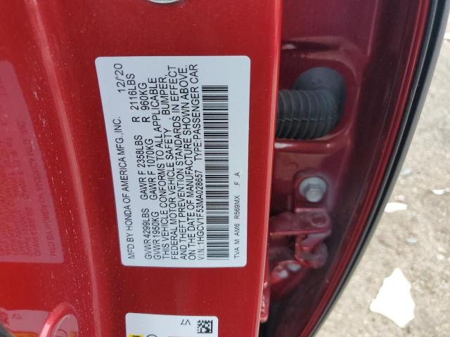 1HGCV1F53MA028657 - 2021 HONDA ACCORD EXL RED photo 12