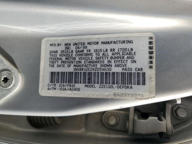 1NXBR12E2XZ254630 - 1999 TOYOTA COROLLA VE SILVER photo 12