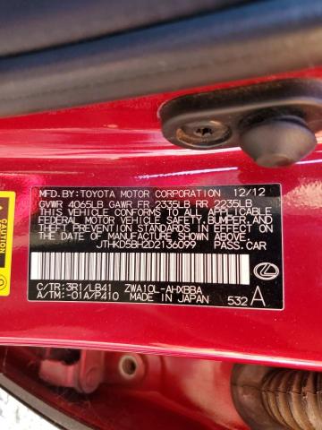 JTHKD5BH2D2136099 - 2013 LEXUS CT 200 RED photo 12