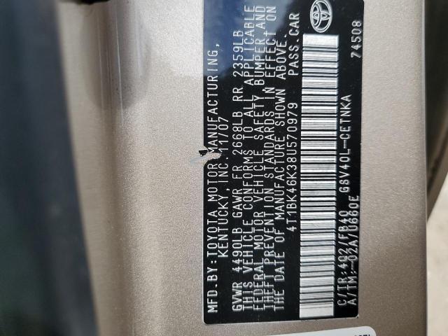 4T1BK46K38U570979 - 2008 TOYOTA CAMRY LE TAN photo 12