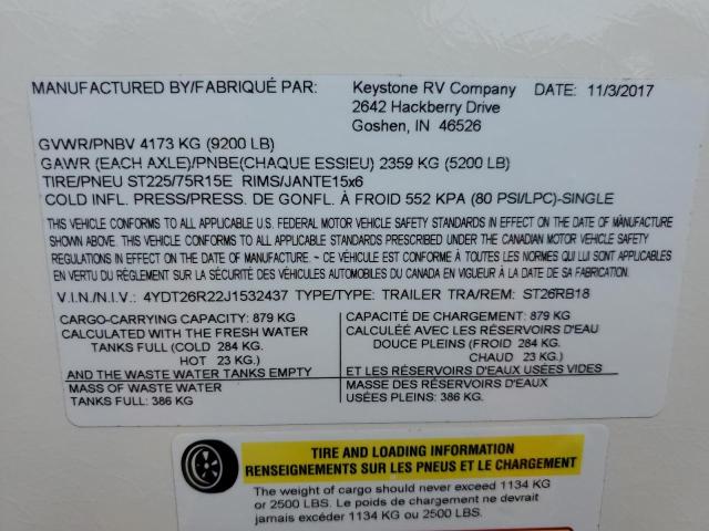 4YDT26R22J1532437 - 2018 KEYSTONE SPRINTER WHITE photo 10