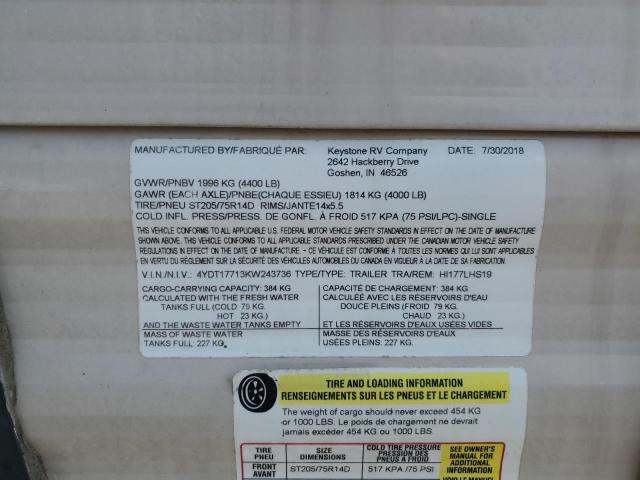 4YDT17713KW243736 - 2019 KEYSTONE HIDEOUT LH BEIGE photo 10