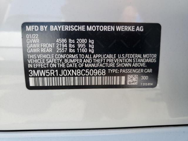 3MW5R1J0XN8C50968 - 2022 BMW 330I WHITE photo 13