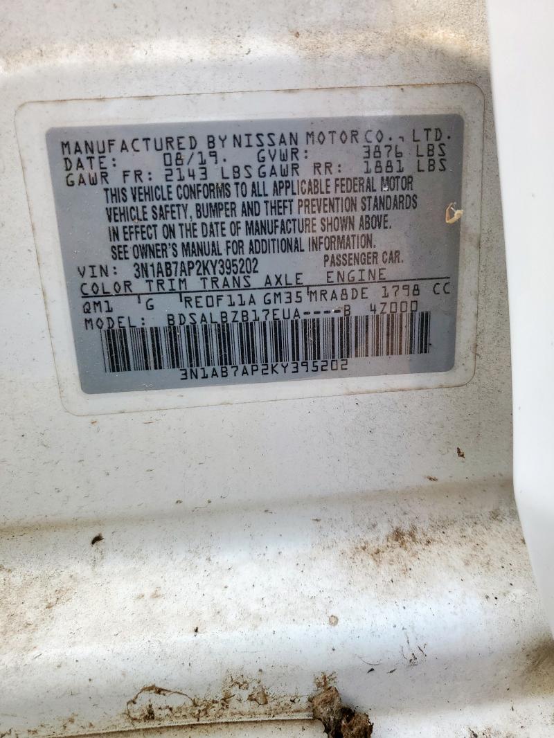 3N1AB7AP2KY395202 - 2019 NISSAN SENTRA S 白色 照片 12