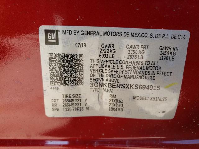 3GNKBERSXKS694915 - 2019 CHEVROLET BLAZER RS RED photo 12