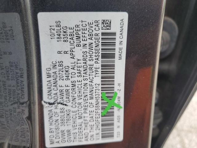 2HGFE2F58NH537312 - 2022 HONDA CIVIC SPORT Gri fotoğraf 12