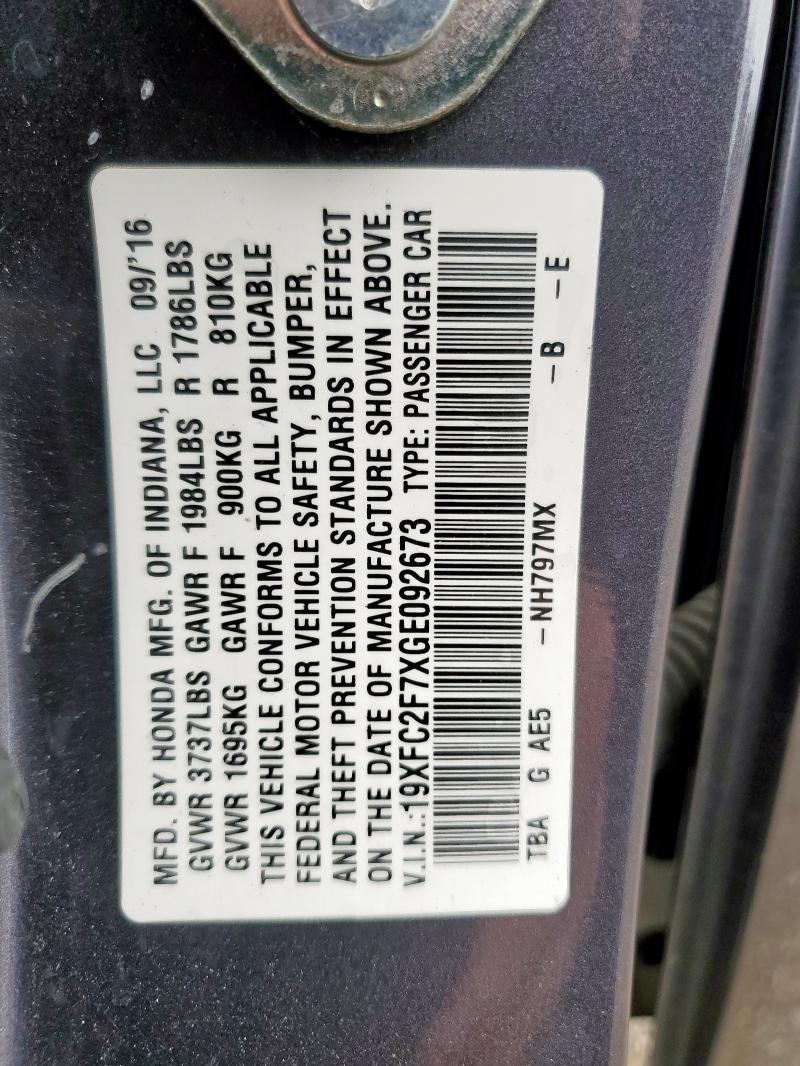 19XFC2F7XGE092673 - 2016 HONDA CIVIC EX GRAY photo 13