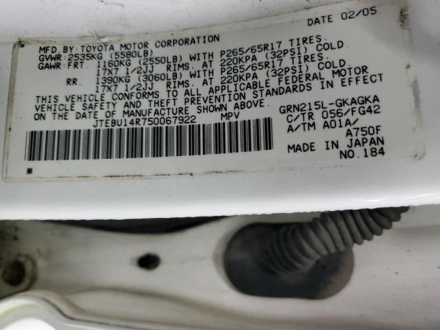 JTEBU14R750067922 - 2005 TOYOTA 4RUNNER SR5 WHITE photo 12