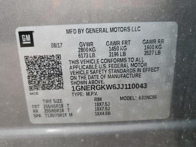 1GNERGKW6JJ110043 - 2018 CHEVROLET TRAVERSE LT ვერცხლისფერი ფოტო 13