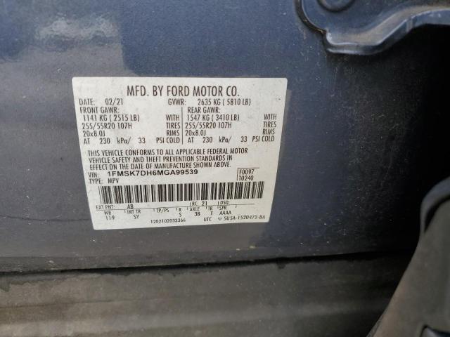 1FMSK7DH6MGA99539 - 2021 FORD EXPLORER XLT BLUE photo 12