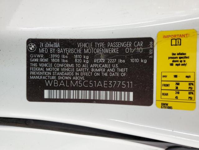 WBALM5C51AE377511 - 2010 BMW Z4 SDRIVE30I WHITE photo 12