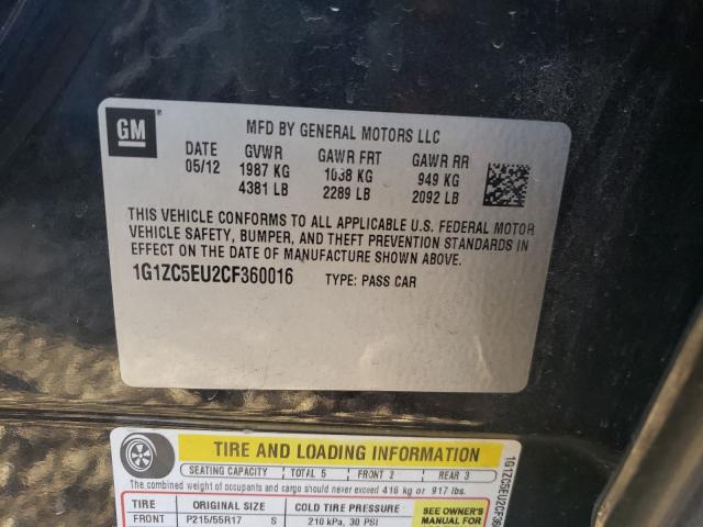 1G1ZC5EU2CF360016 - 2012 CHEVROLET MALIBU 1LT BLACK photo 10