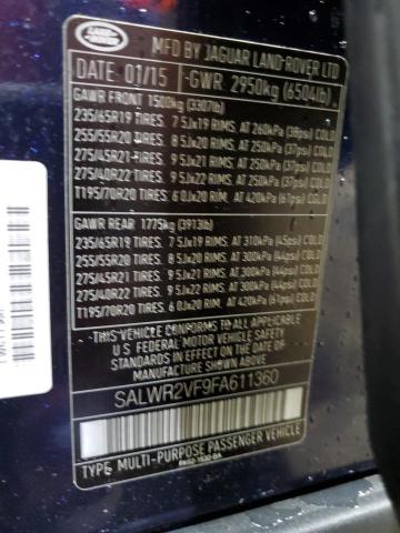 SALWR2VF9FA611360 - 2015 LAND ROVER RANGE ROVE HSE BLUE photo 14