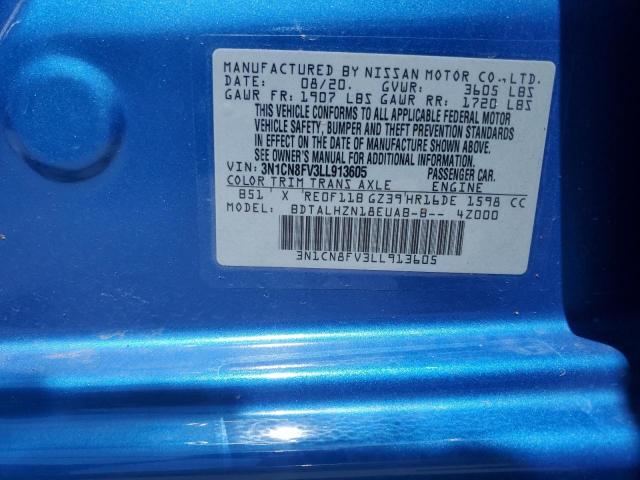 3N1CN8FV3LL913605 - 2020 NISSAN VERSA SR BLUE photo 12