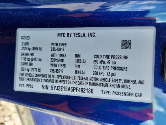5YJ3E1EA6PF492180 - 2023 TESLA MODEL 3 BLUE photo 12