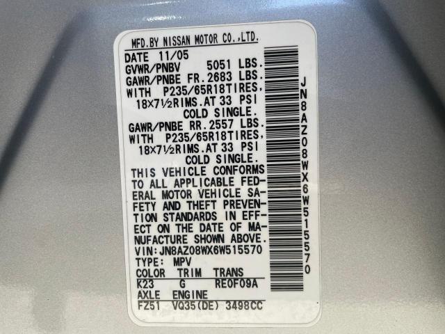 JN8AZ08WX6W515570 - 2006 NISSAN MURANO SL SILVER photo 10