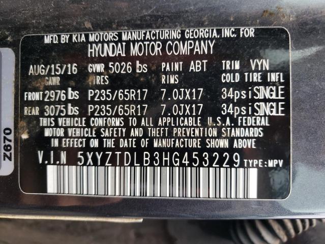 5XYZTDLB3HG453229 - 2017 HYUNDAI SANTA FE S GRAY photo 13