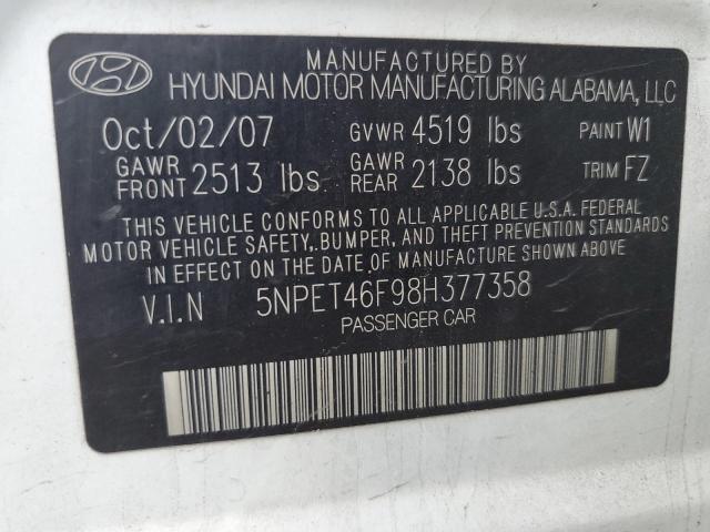 5NPET46F98H377358 - 2008 HYUNDAI SONATA GLS WHITE photo 12