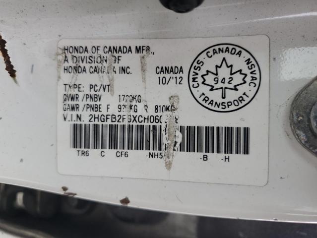 2HGFB2F9XCH060908 - 2012 HONDA CIVIC EXL WHITE photo 12