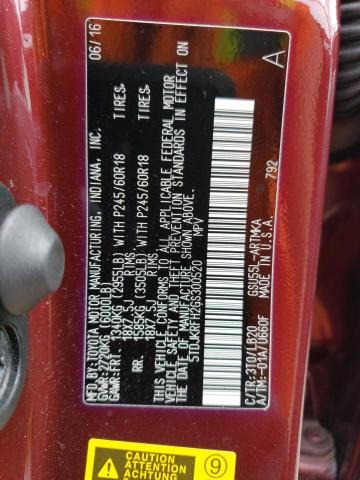 5TDJKRFH2GS300520 - 2016 TOYOTA HIGHLANDER XLE Bordo foto 12