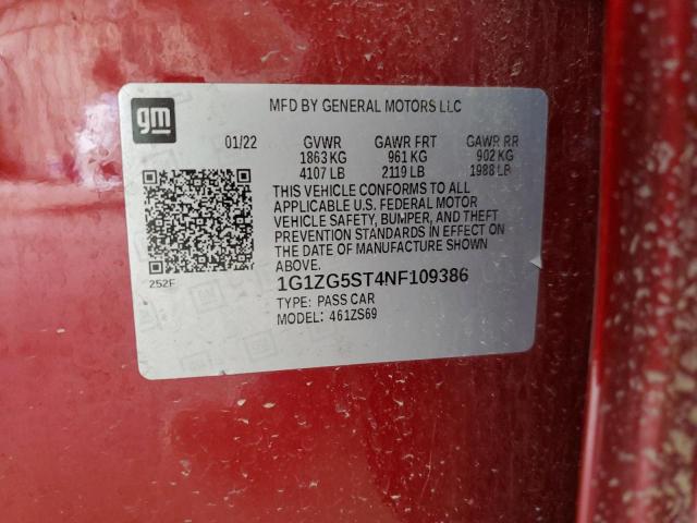 1G1ZG5ST4NF109386 - 2022 CHEVROLET MALIBU RS 栗色 照片 12