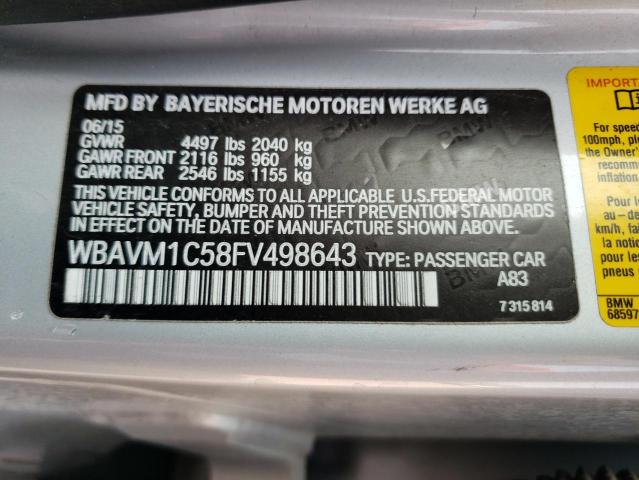 WBAVM1C58FV498643 - 2015 BMW X1 SDRIVE28I SILVER photo 12