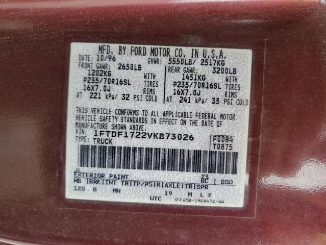 1FTDF1722VKB73026 - 1997 FORD F150 MAROON photo 12