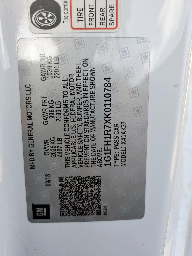 1G1FH1R7XK0110784 - 2019 CHEVROLET CAMARO SS Blanc photo 13