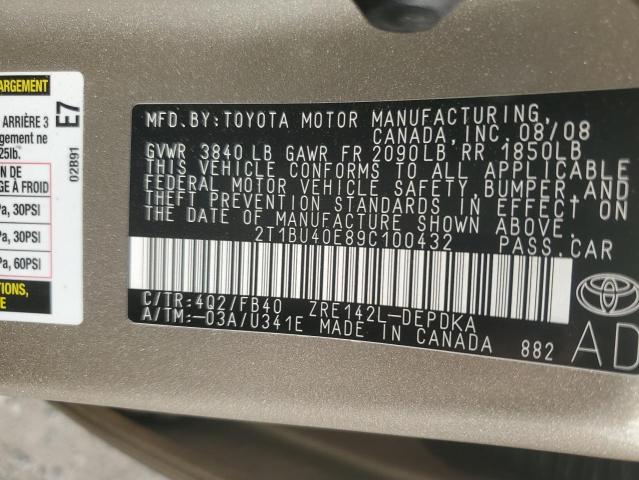 2T1BU40E89C100432 - 2009 TOYOTA COROLLA BASE 棕色 照片 12