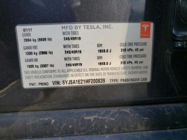 5YJSA1E21HF200839 - 2017 TESLA MODEL S Boz foto 10