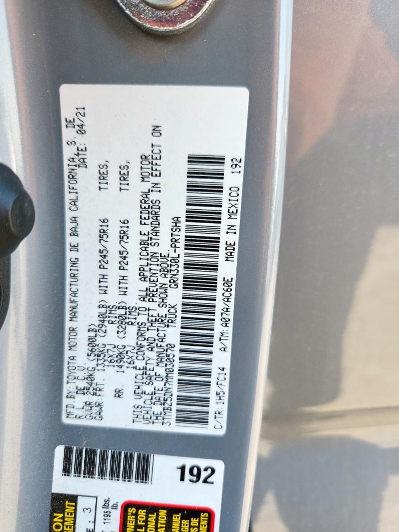 3TMBZ5DN7MM030570 - 2021 TOYOTA TACOMA DOUBLE CAB GRAY photo 12