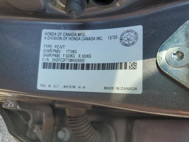 2HGFC2F71MH005650 - 2021 HONDA CIVIC EX CHARCOAL photo 12