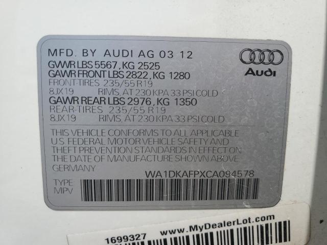 WA1DKAFPXCA094578 - 2012 AUDI Q5 PREMIUM PLUS WHITE photo 12