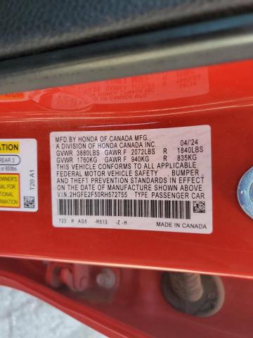 2HGFE2F50RH572755 - 2024 HONDA CIVIC SPORT RED photo 12
