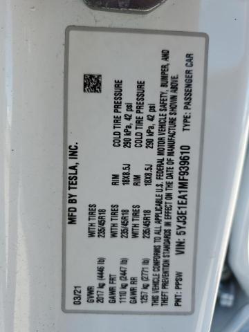 5YJ3E1EA1MF939610 - 2021 TESLA MODEL 3 WHITE photo 12