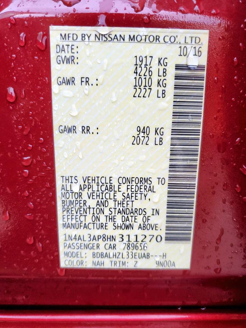 1N4AL3AP8HN311270 - 2017 NISSAN ALTIMA 2.5 RED photo 12