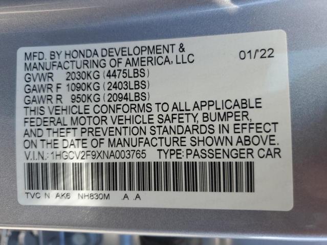 1HGCV2F9XNA003765 - 2022 HONDA ACCORD TOURING 银色 照片 13