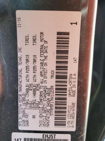 5TFRM5F17HX112399 - 2017 TOYOTA TUNDRA DOUBLE CAB SR/SR5 CHARCOAL photo 12