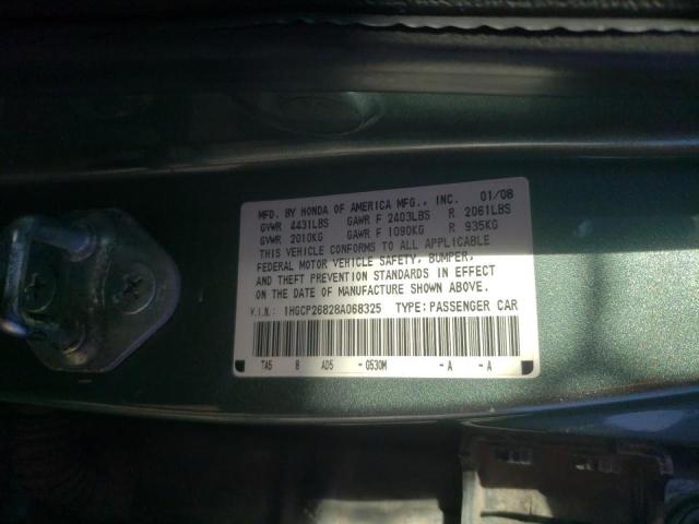 1HGCP26828A068325 - 2008 HONDA ACCORD EXL GREEN photo 10