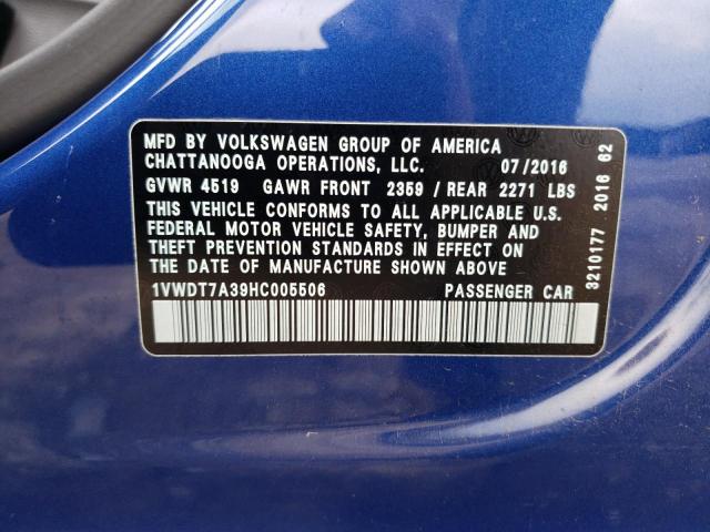 1VWDT7A39HC005506 - 2017 VOLKSWAGEN PASSAT R-LINE ლურჯი ფოტო 10