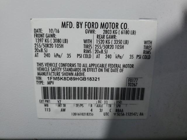 1FM5K8D89HGB18321 - 2017 FORD EXPLORER XLT WHITE photo 13