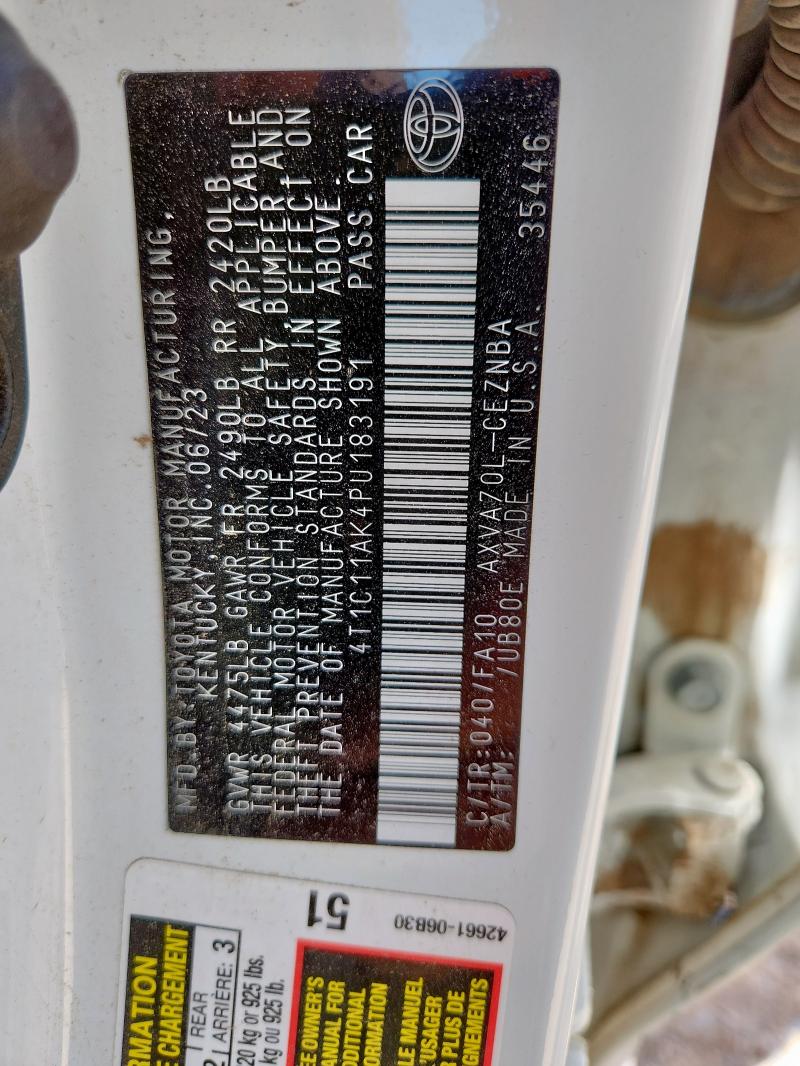 4T1C11AK4PU183191 - 2023 TOYOTA CAMRY LE WHITE photo 12