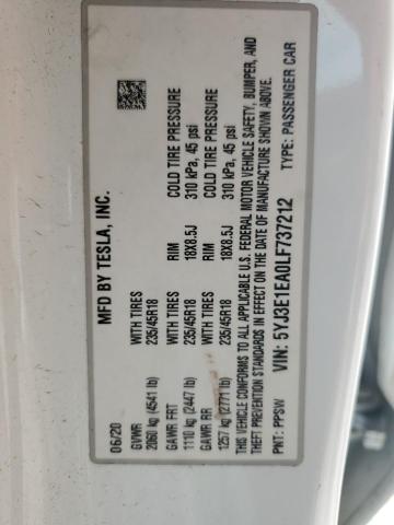 5YJ3E1EA0LF737212 - 2020 TESLA MODEL 3 თეთრი ფოტო 12
